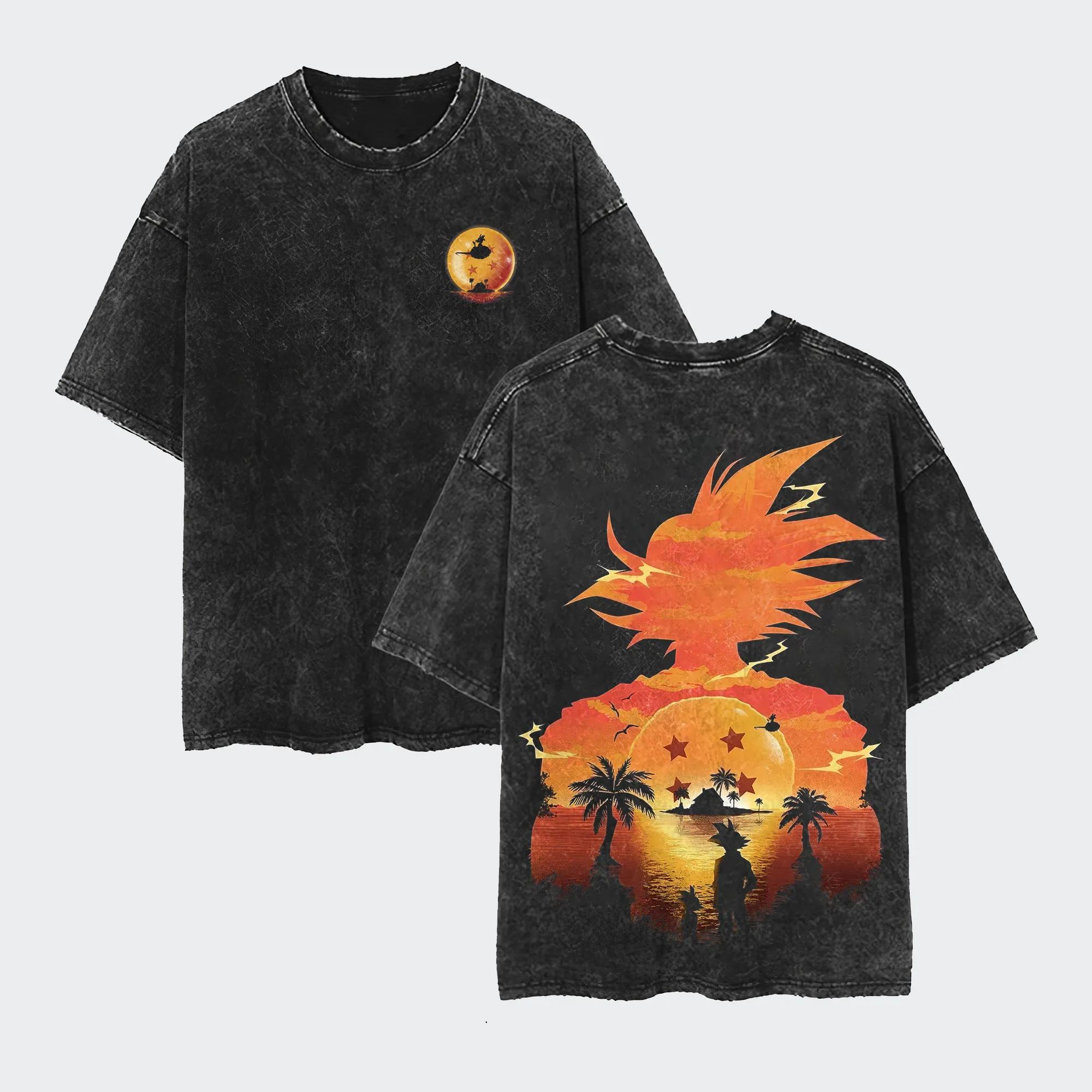 Dragon Ball Goku T Shirt Men Acid Wash Oversized Anime Sunset Silhouette Cotton Vintage Gym Streetwear Graphic Back Top Tee M