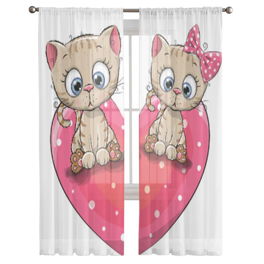 Two Cute Cartoon Kittens Sheer Curtains For Bedroom Living Room Tulle Curtains For Kitchen Window Voile Curtains