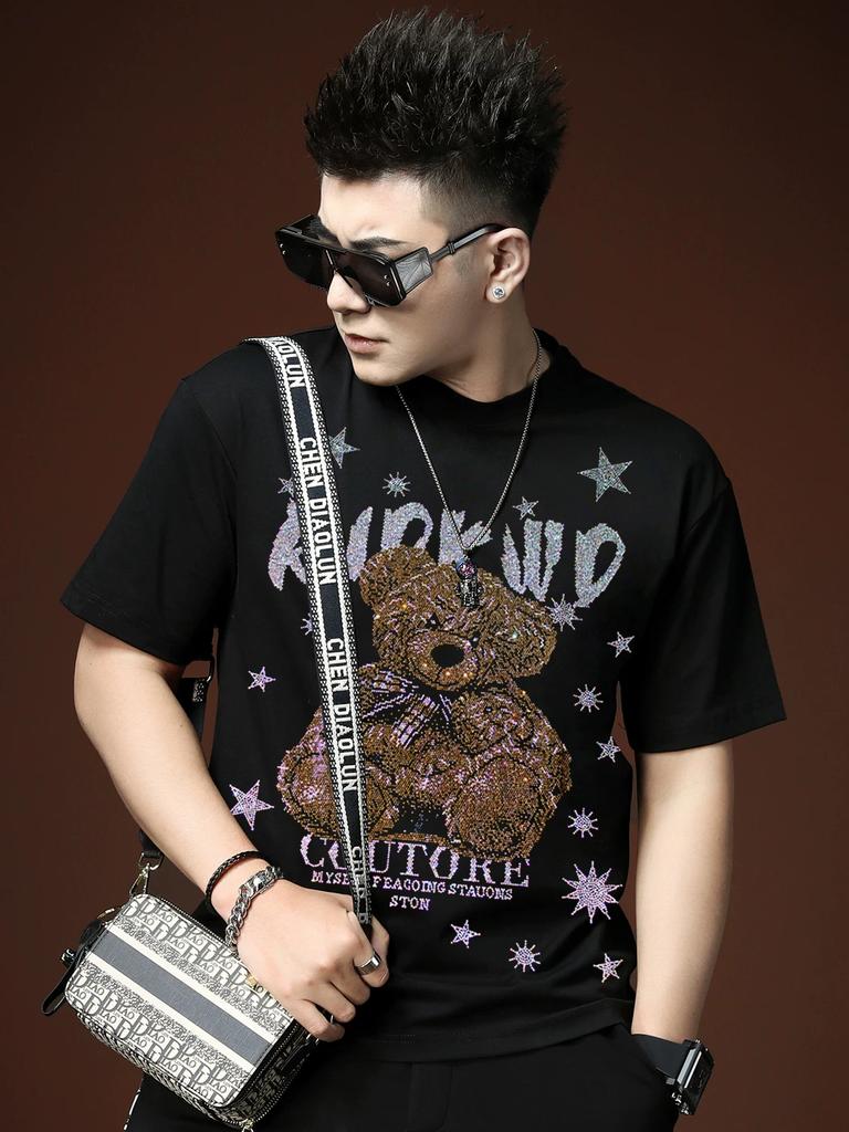 European High-End Rhinestone Short-Sleeve T-Shirt for Men, Trendy Brand Fashion 2025 New Summer Casual Half-Sleeve Top