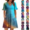 Damen A-Linie Sommerkleid Kurzarm V-Ausschnitt Bedrucktes Kleid Mit Taschen
