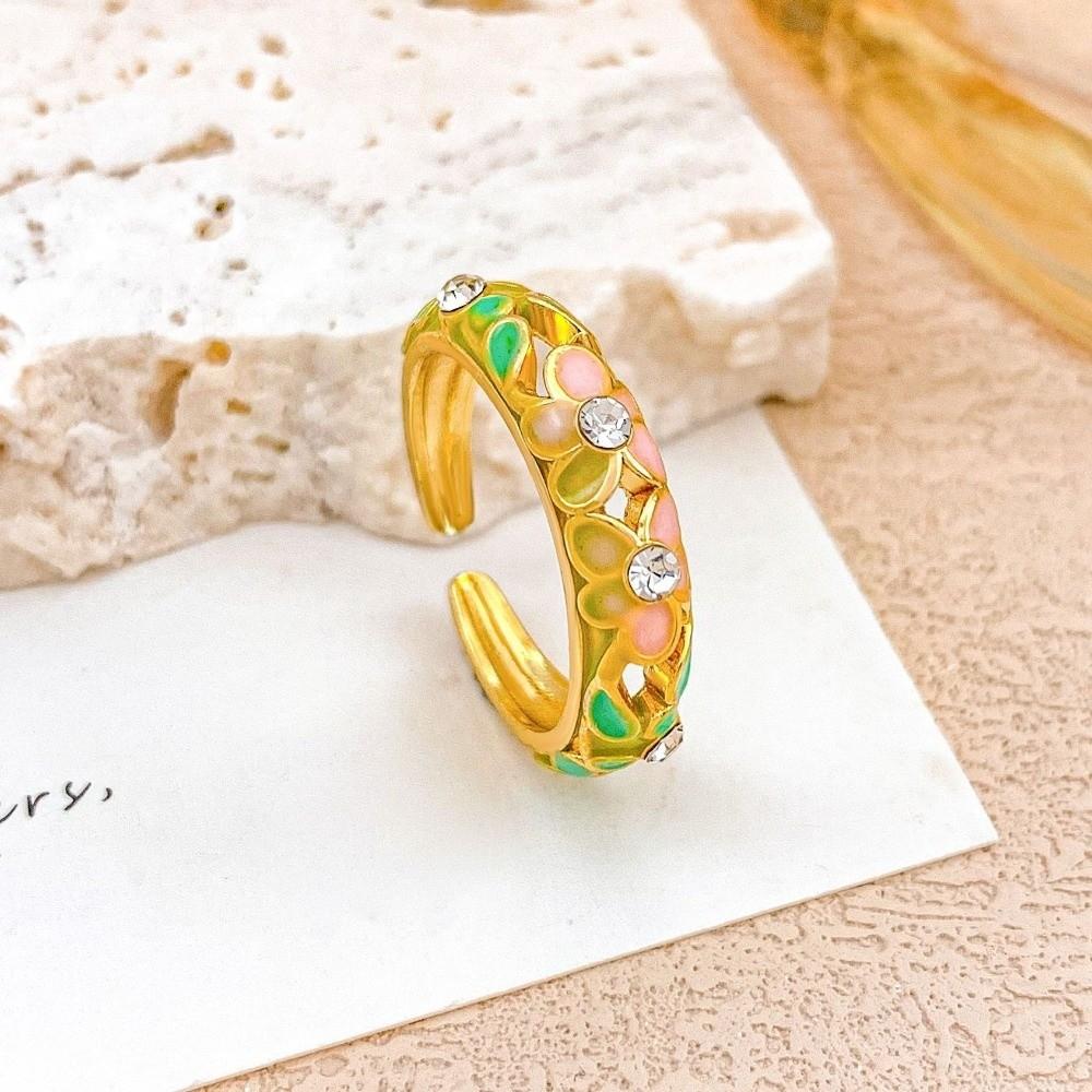 Engraved Vintage Geometric Rings Hollow Out Gold Plated Ring Colorful Enamel Flower Rings  Romantic