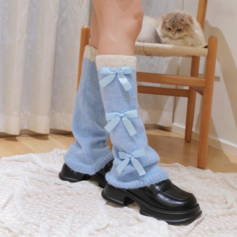 Stylish Flared Leg Warmers With Lace Bows Design Soft Acrylic Fabric Slimming Leggings For Costume Parties
