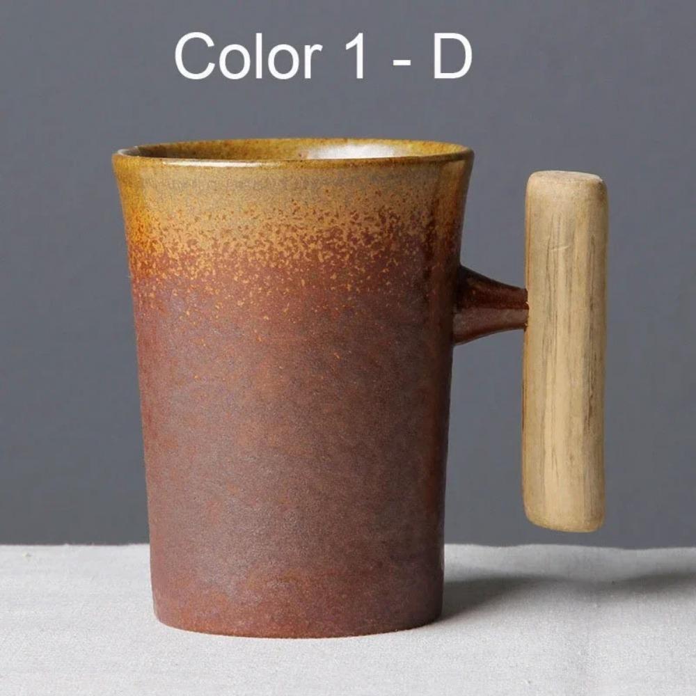 Japanese Vintage Tea Cup Set Ceramic Coffee Mug Rust Glaze Milk Cafe Cup with Wood Handle Water Cup Teacup Home Office Drinkware