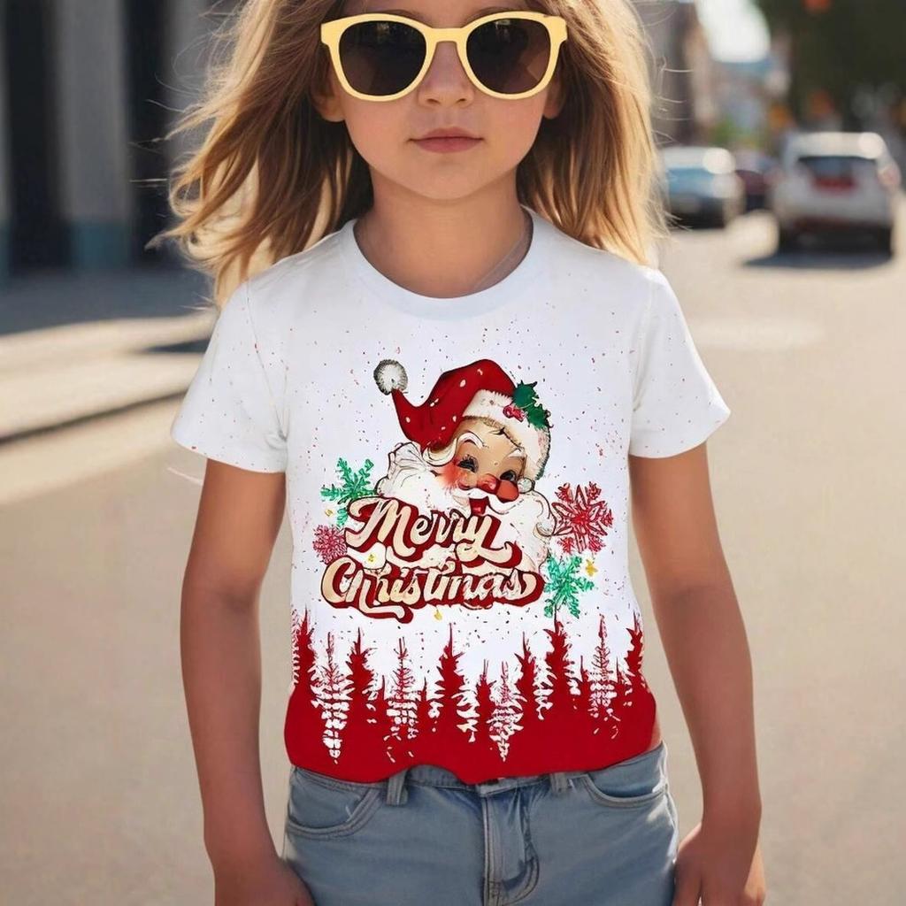 Kids T-shirt 3d Print Summer Round Neck Short Sleeved T-shirt for Girls, Love Christmas Printed Top T-shirt