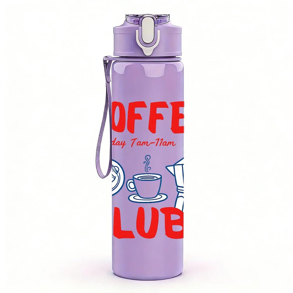 1PC Coffee Club Retro Cup Badge Print 750ml Color Plastic Sports Water Bottle Leakproof Flip Straw Lid Suitable for Sports Office Home Use