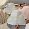 Women'S Wide-Brimmed Foldable Bucket Hat With Drawstring Korean Style Striped Panama Outdoor Hiking Hat Sun Protection Hat