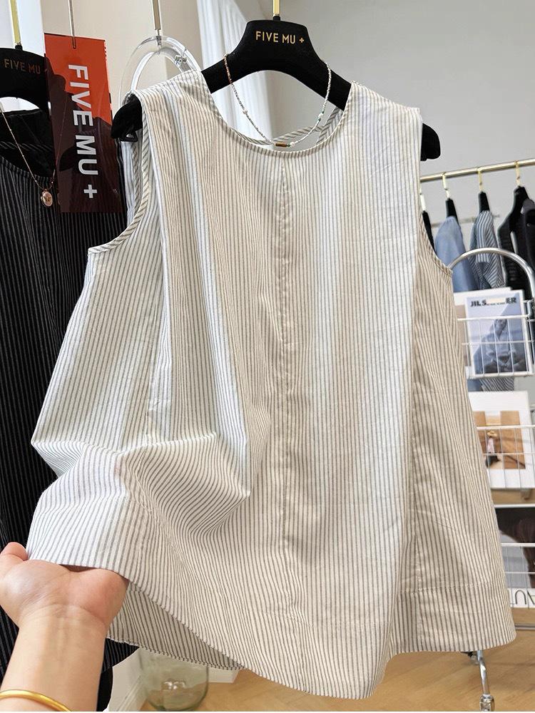 Japanese Retro Vertical Stripe Sleeveless Women's Summer Top - Versatile, Loose, Slimming Round Neck Design