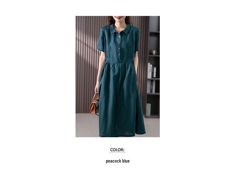 Solid Color Cotton Linen Lapel Shirt Dress - Women's Slimming Short Sleeve, Mother's Style, 2026 Fashion.