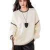 New autumn and winter black and white contrasting color edge crew neck sweater, simple and versatile loose lazy style knitted sweater