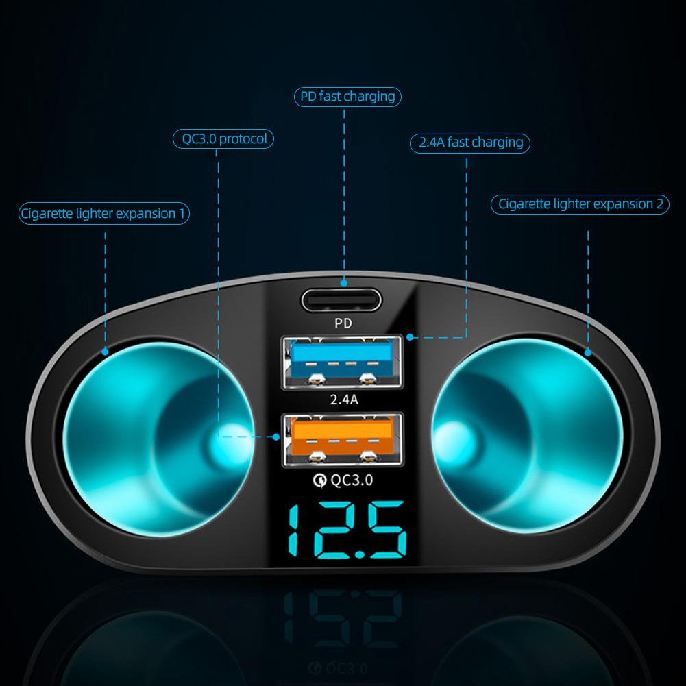 Dual USB Type-C Car Charging Digital Display QC3.0 Fast Charging Multi-function Cigarette Lighter Expansion Car Charger