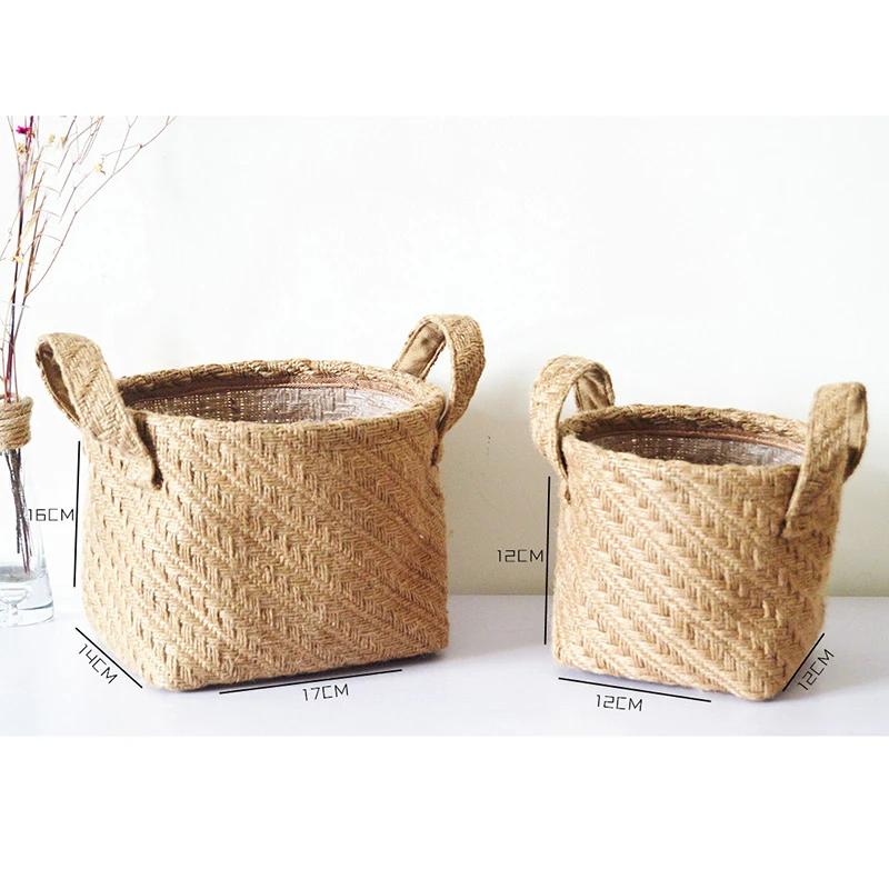 Braided Jute Cloth Flowerpot Storage Basket Cotton Linen Blended Desktop Storage Box Kids Toys Sundries Organizer Laundry Basket