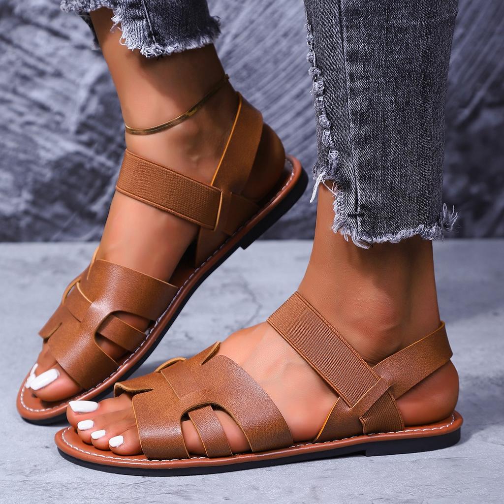 Fashion Women Sandals Comfortable Luxury Ladies Shoes Fashionable Open Toe Women Sandals Beach Shoes Round Toe Elastic Band Flat