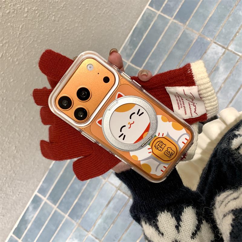 Lucky Cat 360° Rotating Stand Anti-Drop Phone Case for iPhone 17/16/15 Pro Max and 14/13