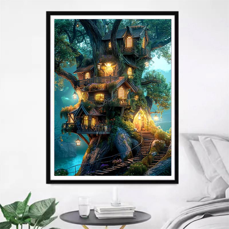 5d DIY Diamond Painting Cross Stitch Tree House Scenery Diamond Embroidery Mosaic Full Round Drill Home Decor