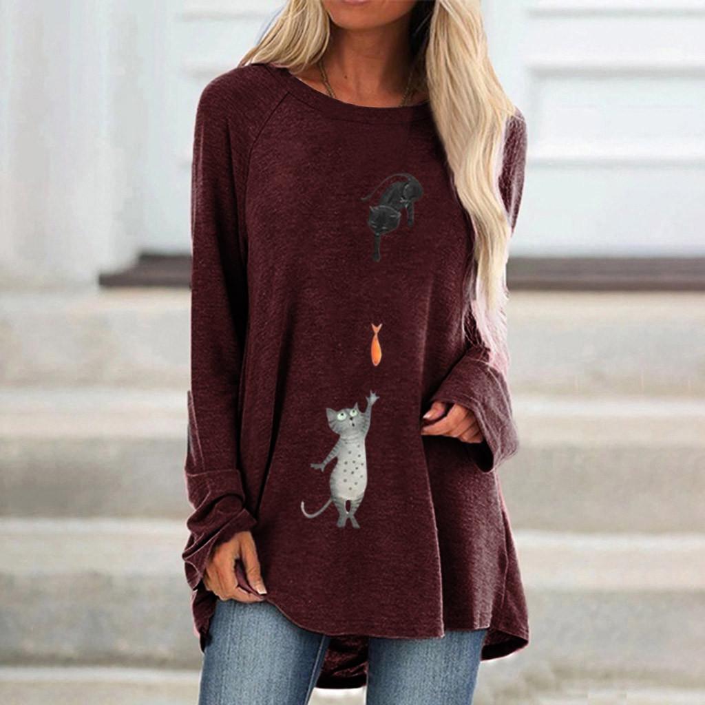 Women Fashion Plus Size Print Round Neck Long Sleeved Long T-shirt Blouse