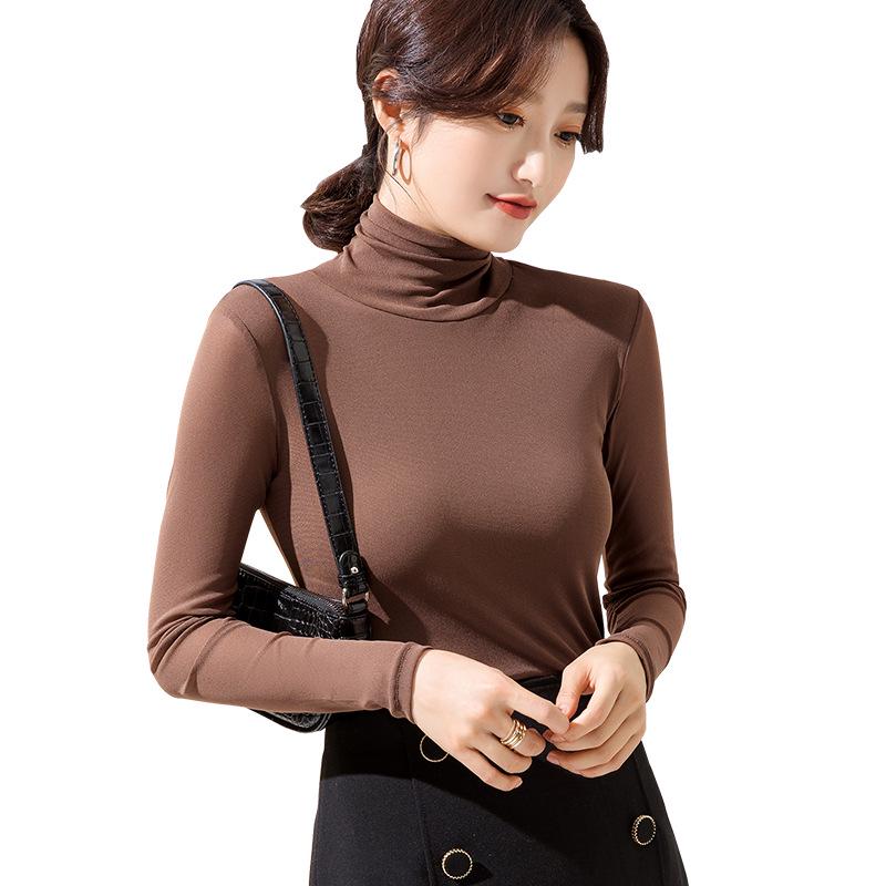 Women's Velvet Mesh High-Neck Base Layer: Long-Sleeve, Solid Color, Slim Fit for Autumn/Winter 2023