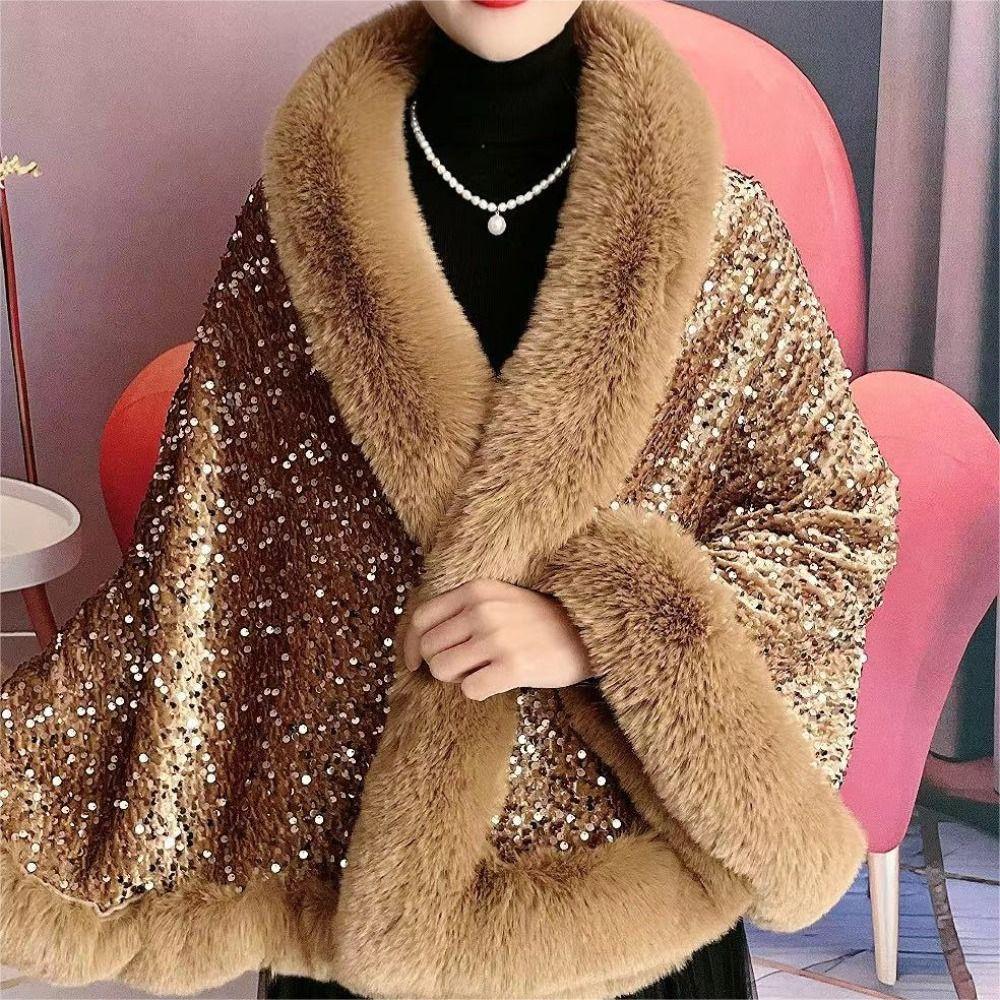Warm Plush Shawl Autumn Winter Thicken Cardigan Soft Fur Collar Sequined Shawl