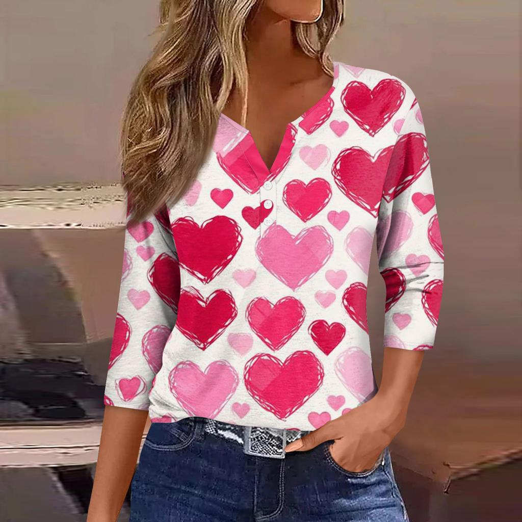 Damen Kragen Valentinstag Print Kurzarm T-Shirt Top