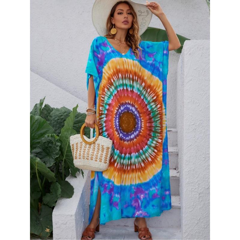 

YYFS Женская мода Лето Весна Цветной блок Принт Короткий рукав V-образный вырез Свободная линия талии Повседневные платья One Size синий