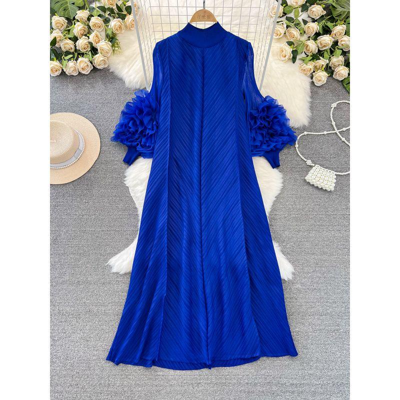 

Sanzhai Ruched Lantern Stand Collar A- line Elegance Dress Dark blue All yards