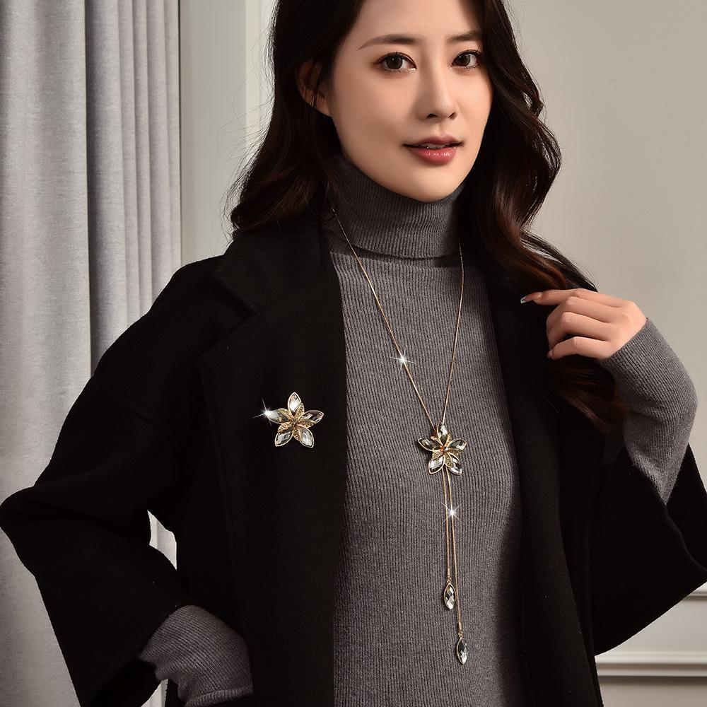 Autumn & Winter Versatile Crystal Flower Tassel Sweater Brooch Necklace