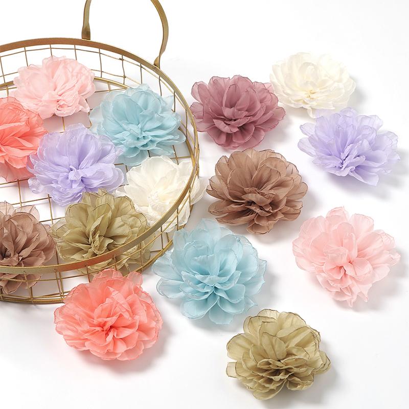 3/5Pcs 10cm Handmade Big Chiffon Fabric Artificial Flowers Head for Headwear Wedding Dress Hats Home Decoration DIY Accessories