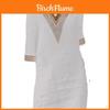 Casual Linen Cotton Ladies Dress With V Neck And Lace Trim For Summer Wear