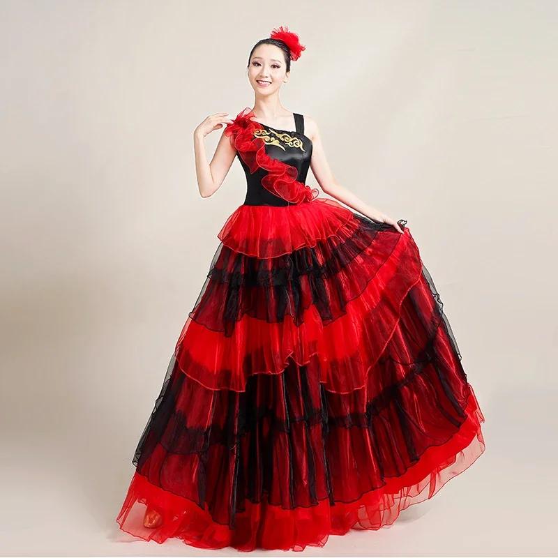 Spanish Flamenco Skirt Polyester Satin Dresses Smooth Big Swing Party Ballroom Belly Dance Dress Carnival Costumes Woman