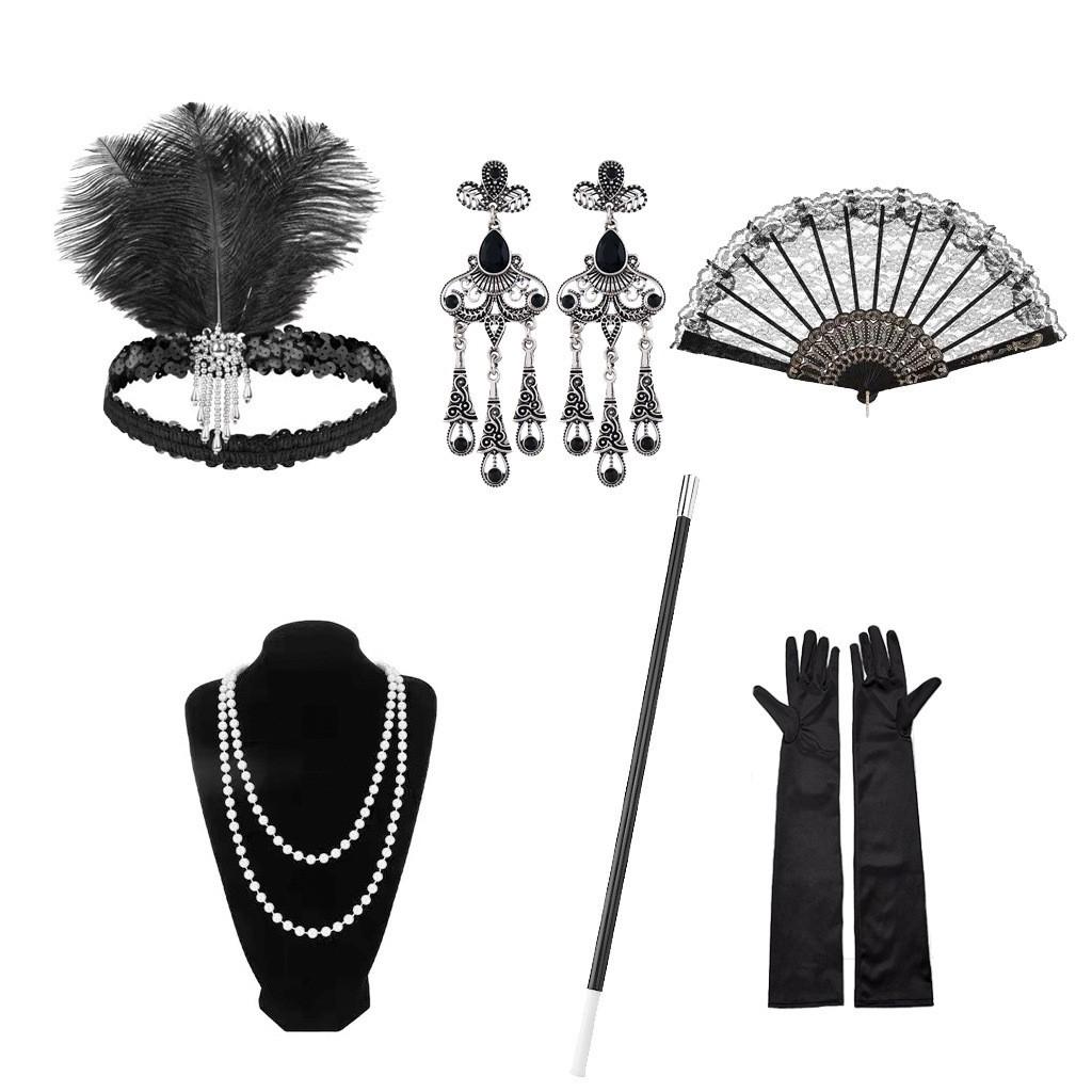 1920s Gatsby Masquerade Halloween Feather Headband  Fan Set