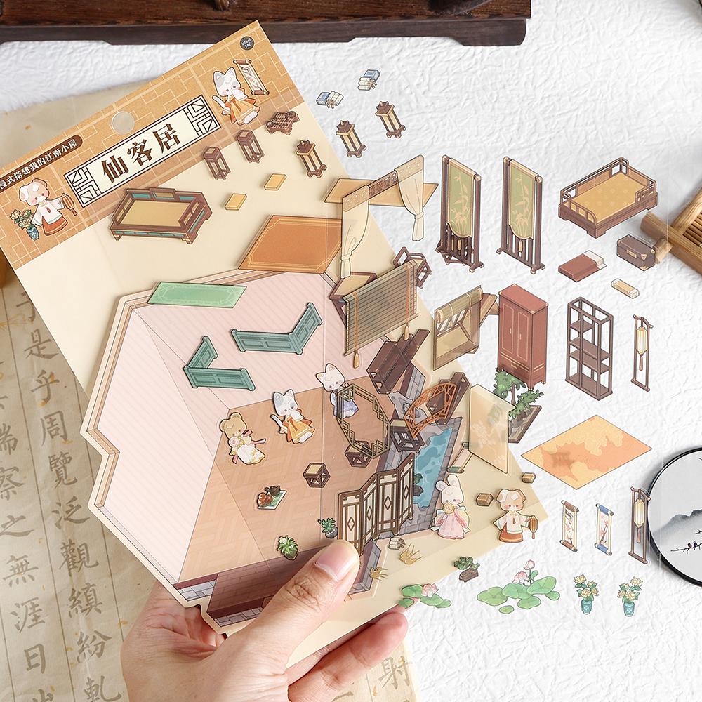 Mini 3D Szenen Sticker Pack Kawill Cartoon Tier Retro Chinesischer Innenhof Teich Arbeitszimmer Szene Sticker DIY Szenen Sticker