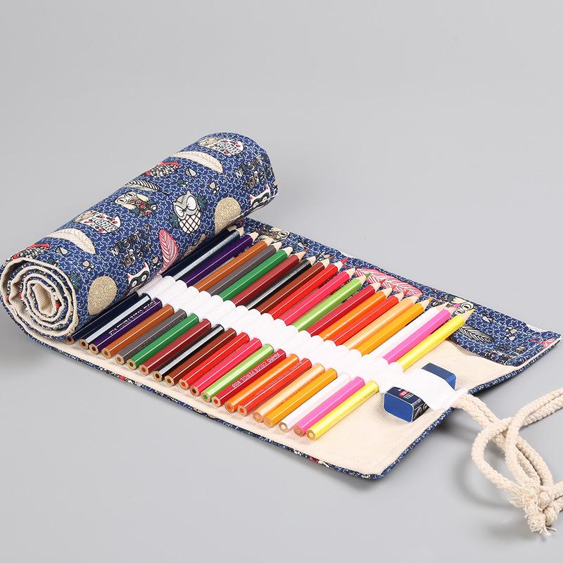 Large Capacity Handmade Canvas Pencil Roll Case for Boys & Girls - Art Print Design