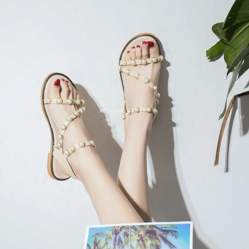 Fashion Women's Sandals Comfortable and Elegant Pearl Buckles Ladies Shoes Sales Pvc Asian Size Sandal Anti Slip Hot Low Price Footwear
