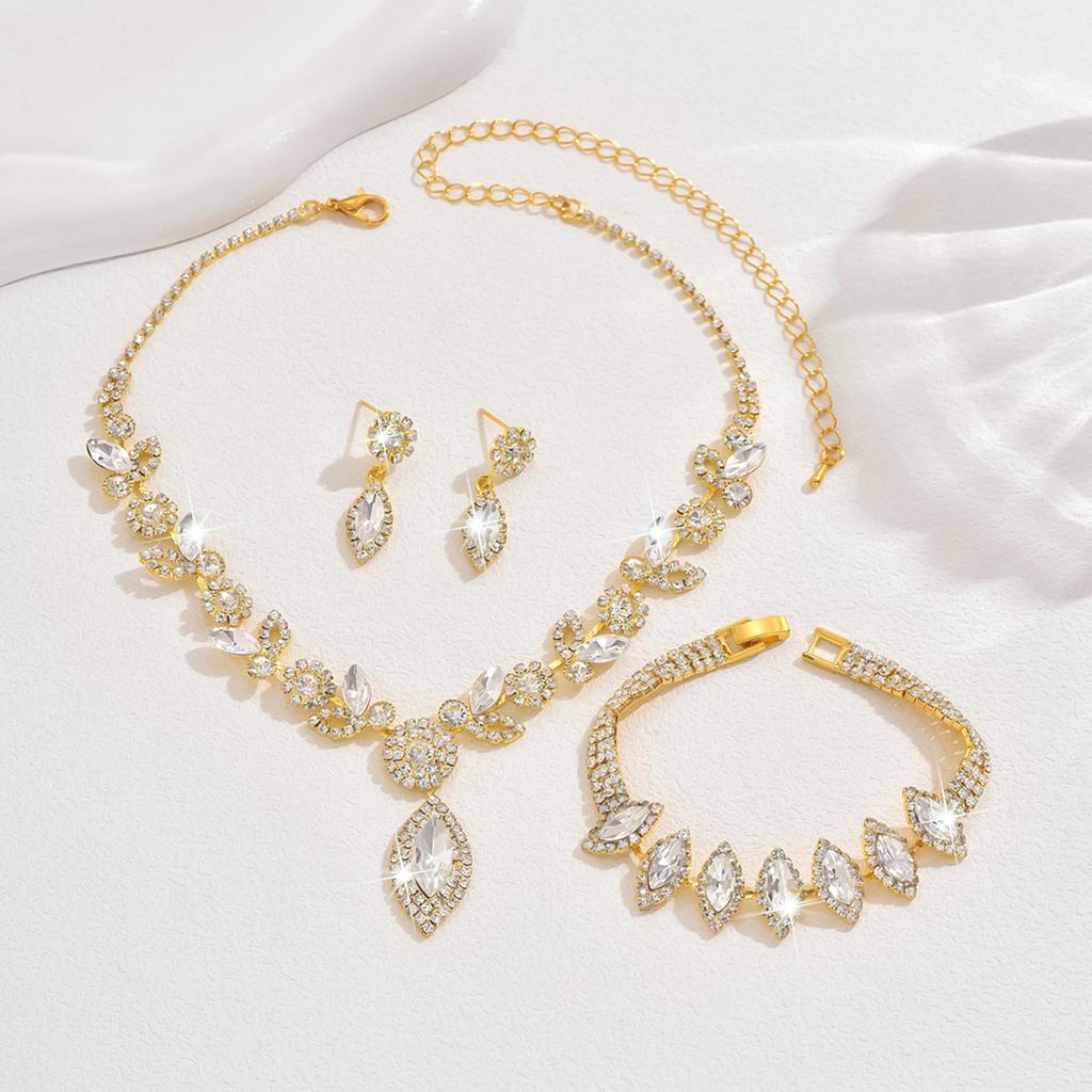 Bride Crystal Flower Jewelry Set Banquet Wedding Necklace Earrings Bracelet Accessories for Women