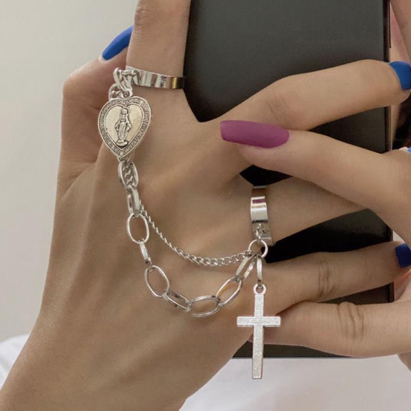 Y2K Little Devil Heart Wing Ring for Women Men Gothic Dark Cross Chain Pendant Love Crystal Opening Two Fingers Fashion Jewelry
