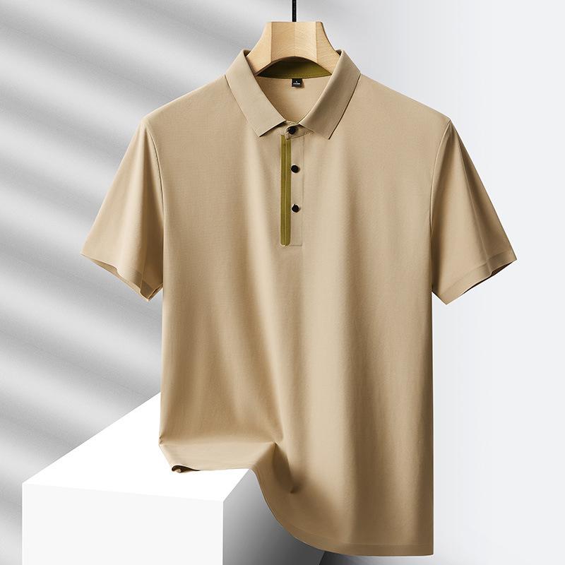 Men's Ice Silk Polo Shirt, Casual Short Sleeve Placket Detail Solid Color Golf Top