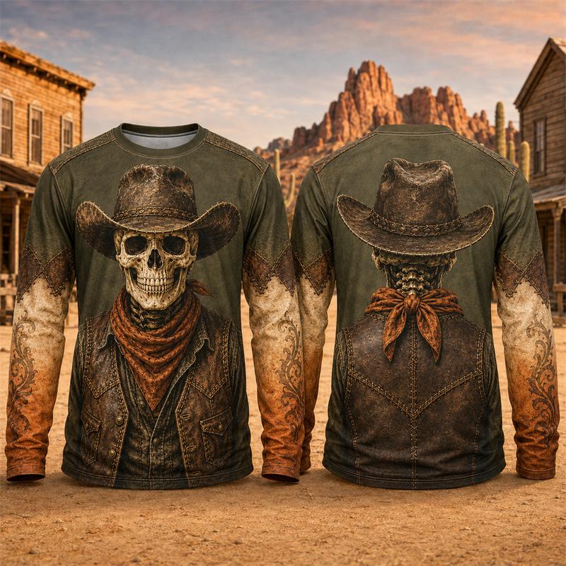 Halloween Novelty Long Sleeve T Shirt Men 3D Print Retro Cowboy Skeleton Graphic Tee Fashion Party Daily Street Casual New Top