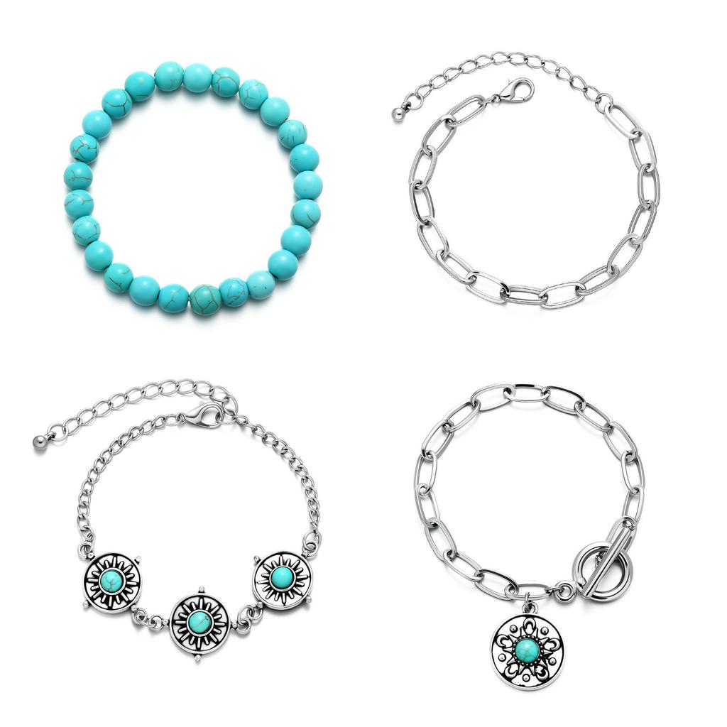 Combination Jewelry, Retro Personalized Disc Turquoise Embellishment 4-Piece Set Bracelet Bracelet.
