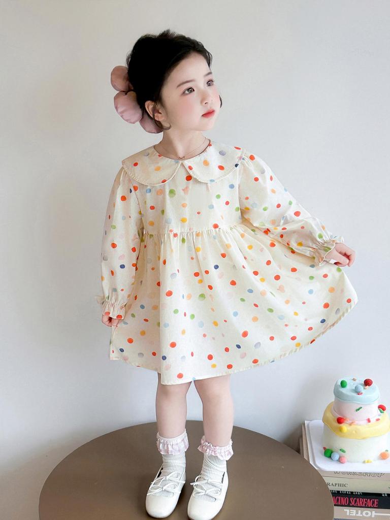 Girls' Polka Dot Doll Collar Knit Dress & Cardigan Set - Spring/Autumn Two-Piece Outfit