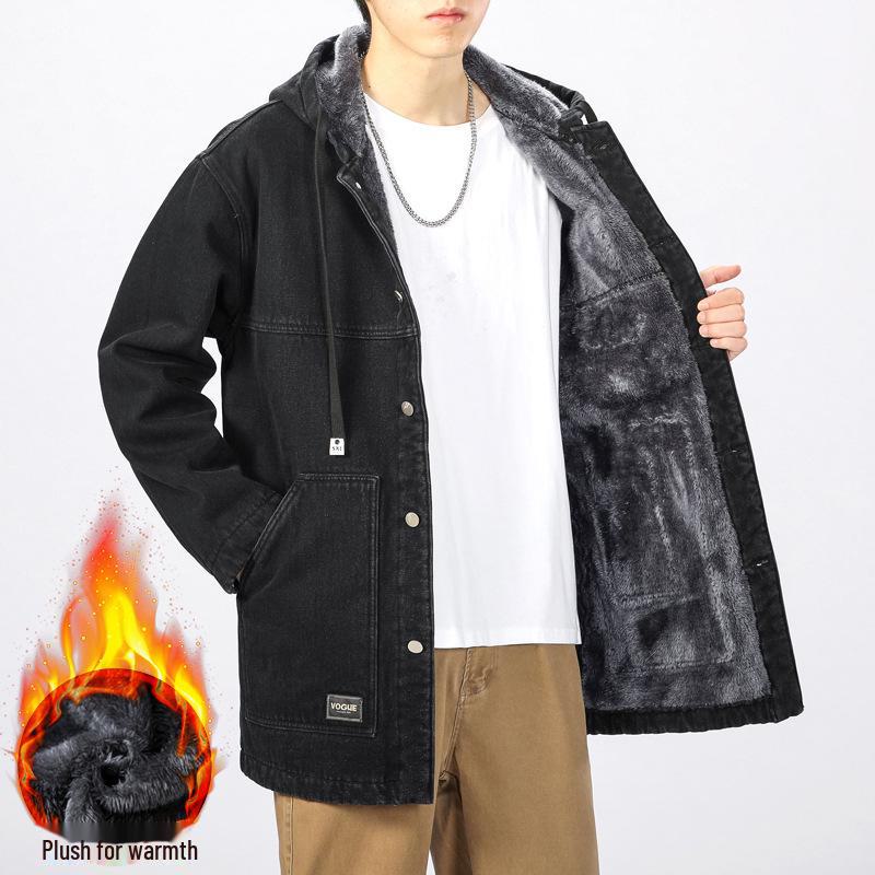 

Мужская зимняя джинсовая куртка свободного кроя с флисовой подкладкой и капюшоном - модная ветровка средней длины из овчины M