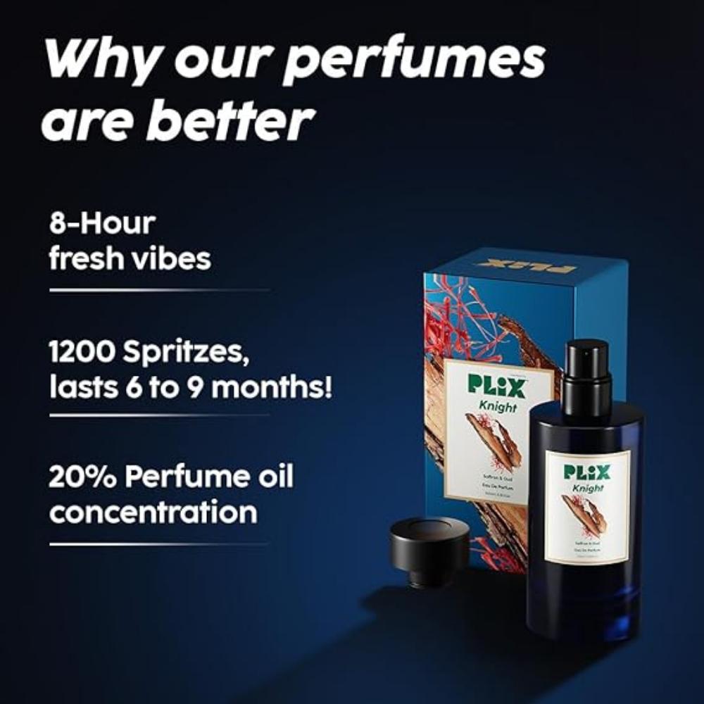 PLIX - THE PLANT FIX Mood Range Knight Parfém pro rande| Ideální pro rande a romantický večer| Dlouhotrvající svěží vůně Saffron & Oud, 100 ml