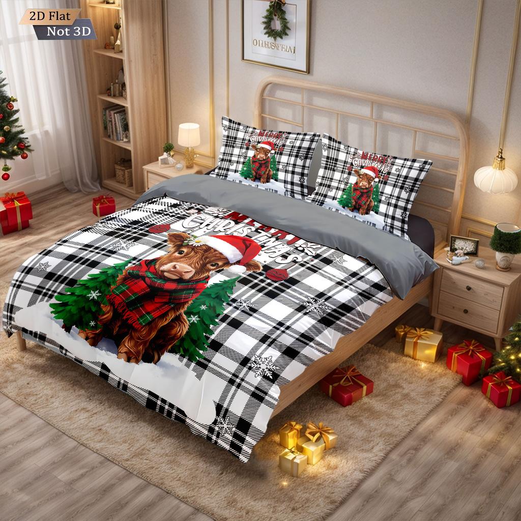 3-teiliges kariertes Weihnachts-Highland-Kuh-Druck Bettwäscheset ohne Füllung, mehrgrößig, Schlafzimmer-Bettdeckenbezug-Dekoration, maschinenwaschbar