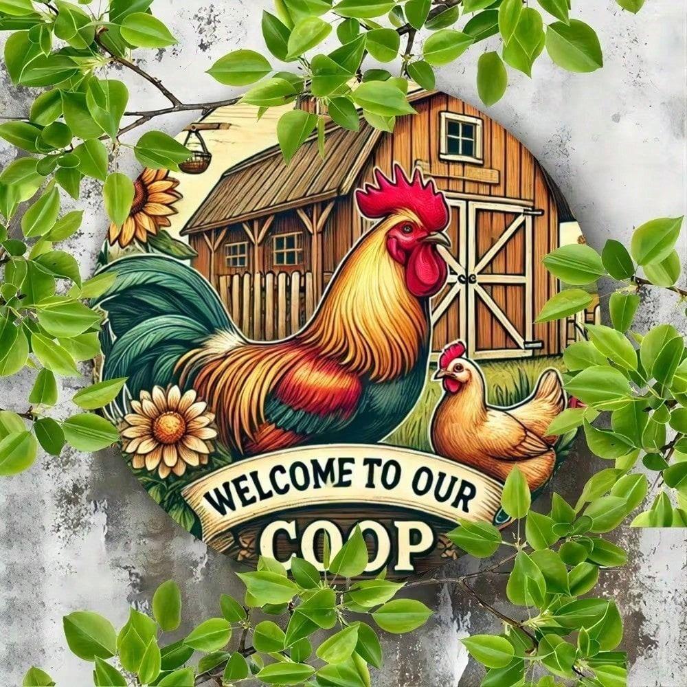 Vintage Metal Tin Sign Chicken Wall Decor for Bar Pub Kitchen Farmhouse Round Plaque
