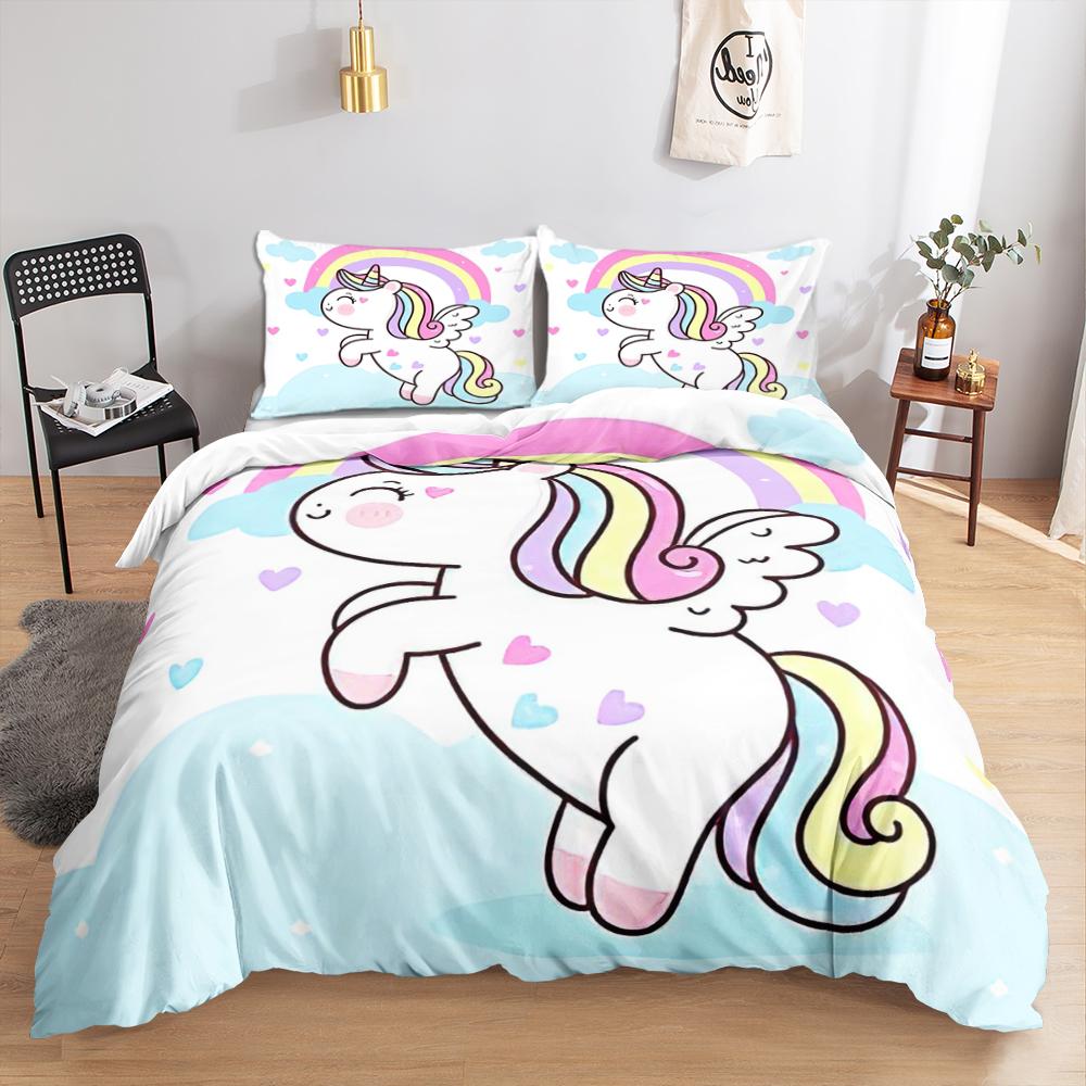 Kawaii Unicorn Colorful Luminous Unicorn Kids Bedding Set For Girls Pink Deluxe Quilt Cover Bedding Set King Queen Quilt Cover