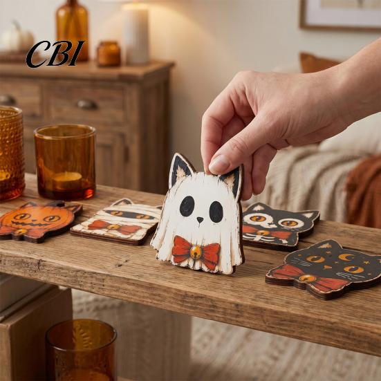 Tiered Tray Decor for Halloween Vintage Wooden Decor, Cat Mummy Skeleton Figurines, Cute Ghost Figurines Fall Farmhouse Tabletop Centerpiece
