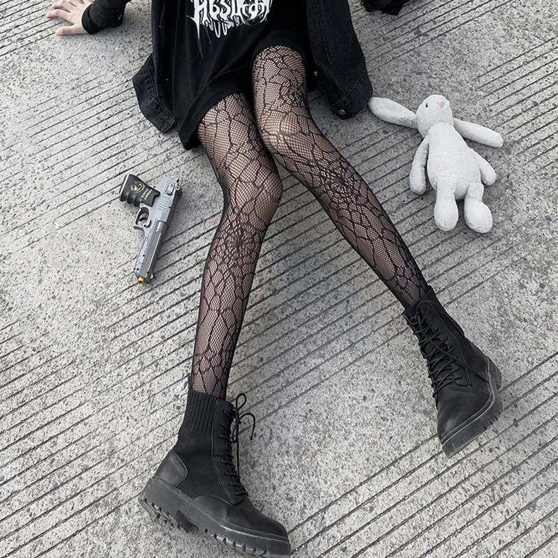 Black Classic Lolita Stockings With Belt Erotic Lingerie Women Sexy Pantyhose Goth Punk Spider Mesh Tights Floral Lace Stockings
