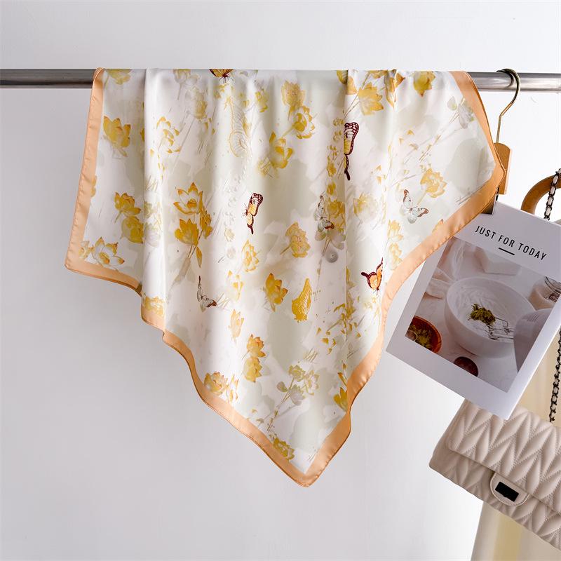 Elegant Spring Floral Silk-Blend Square Scarf - Headscarf & Neck Protection Neckerchief for Women