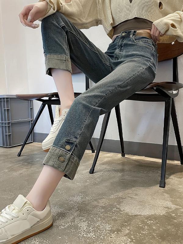 2025 Herbst High-Waist Schlanke Gerade Bein Jeans - Damen Lässig Japanischer Koreanischer Stil, Neun-Zehntel Länge