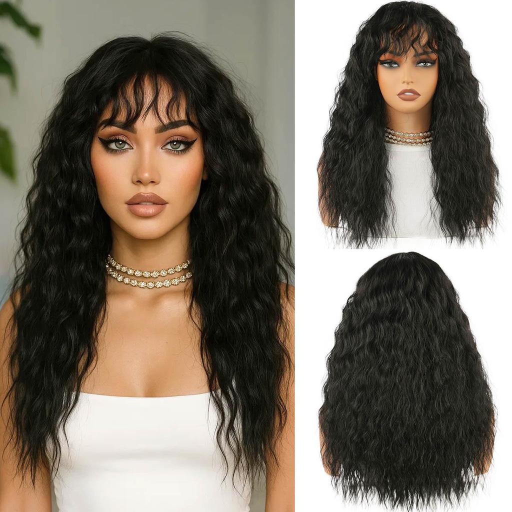 Cross-Border Curly Wave Wig for Women - Black Small Curls Synthetic Fiber Headpiece