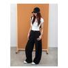 Women Curved Leg Pants High Waist Loose Wide Leg Cargo Pants Rivet Solid Color