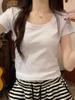 U-neck live broadcast quality summer burgundy slim and thin front shoulder short-sleeved T-shirt women